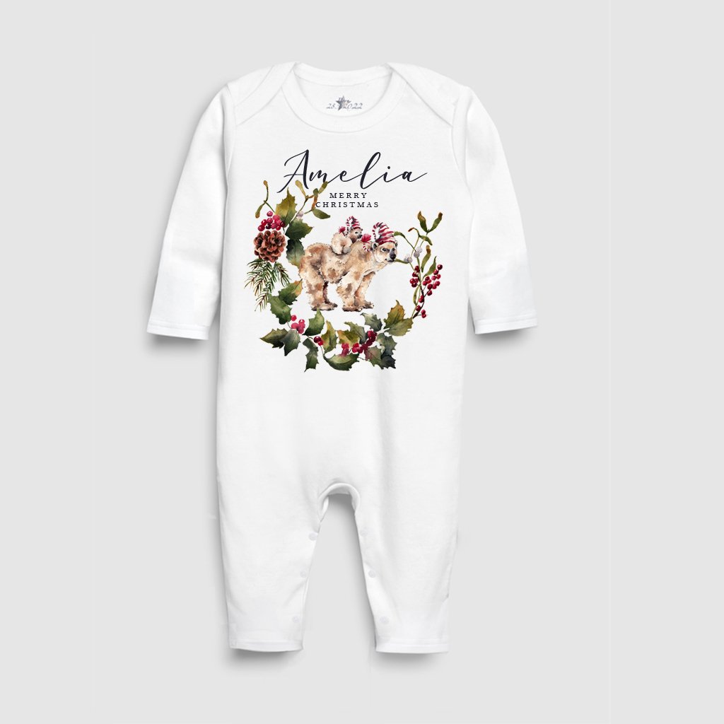 Babyhug Cotton Knit Full Sleeves Footed Sleepsuit Bear Printed - Grey